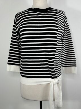 Spring & Mercer Women Sz M Black/White Stripes Pullover Sweater Tie at Waist W w